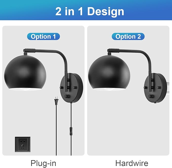 Dimmable Wall Sconces Set of 2, Plug in Wall Sconces Swing Arm Wall Lights with Plug in Cord and Dimmer On/Off Knob Switch, Black Globe Wall Light for Bedside Bedroom Bathroom(2 Bulbs Included)