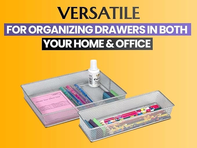 YBM HOME Silver Mesh Drawer Cabinet and or Shelf Organizer Bins, School Supply Holder Office Desktop Organizer Basket (1, 3x15x2 Inch)