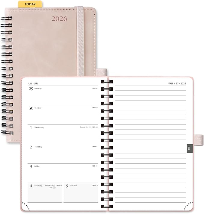 POPRUN 2026 Planner Weekly Notebook (Jan-Dec), Small Size 4''x 6.25'' - 2026 Pocket Calendar for Purse with Spiral Soft Cover, Plastic Ruler, Inner Pocket, 100 GSM TJ - Soft Pink