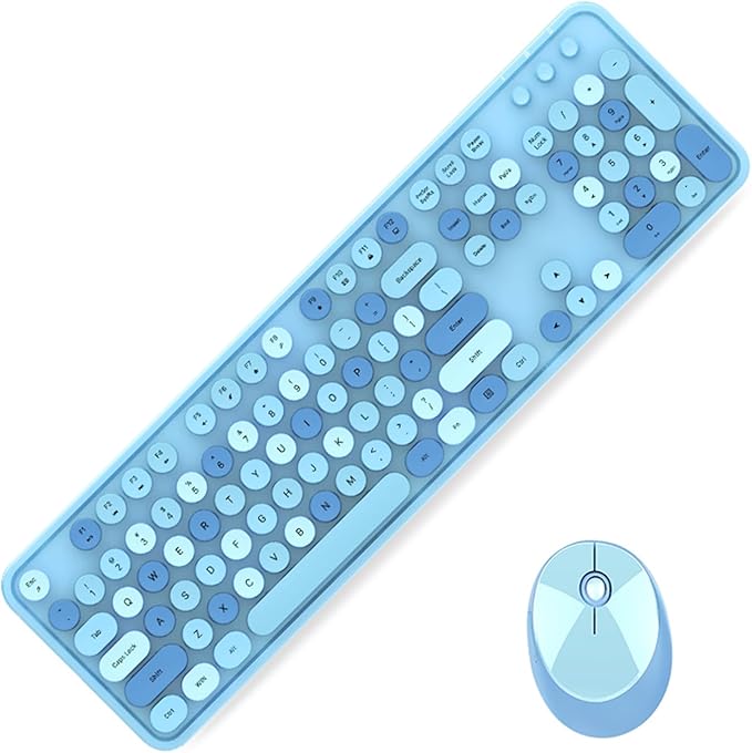 Guffercty kred Colorful Blue Wireless Keyboard Mouse, Cute Retro Typewriter Round Keycaps 2.4GHz Dropout-Free Connection for Laptop/PC (Multicolor Blue)