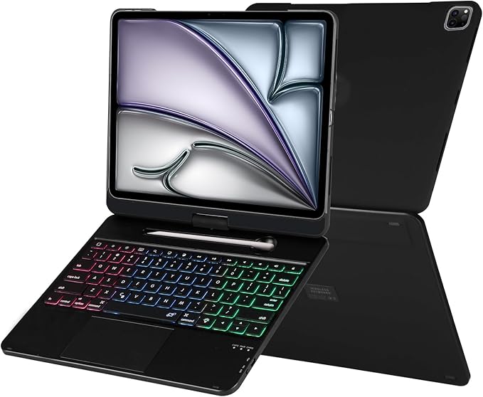 Keyboard Case for iPad Air 13 inch M3 2025&M2 2024, 360 Rotatable Wireless Folio 180 Swivel Stand Hard Cover Auto Sleep/Wake up Black