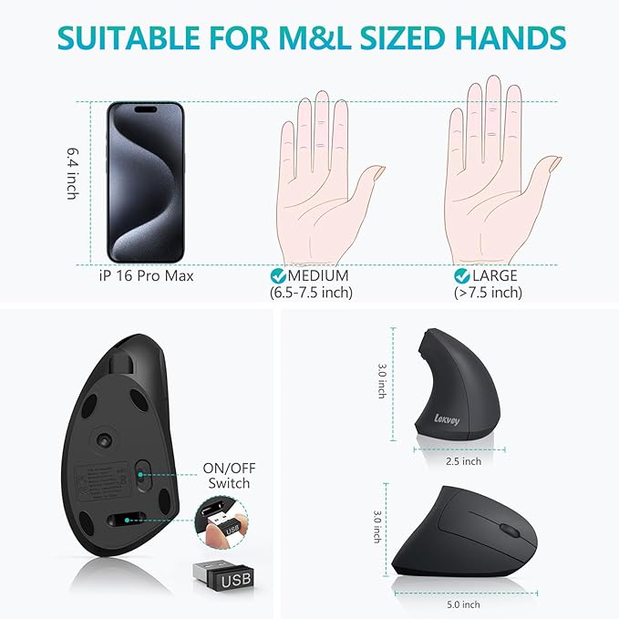 Ergonomic Mouse, LEKVEY Vertical Wireless Mouse - Rechargeable 2.4G Optical Vertical Mice : 3 Adjustable DPI 800/1200/1600 Levels 6 Buttons, for Laptop, Mac, PC, Computer, Desktop, Notebook etc, Black
