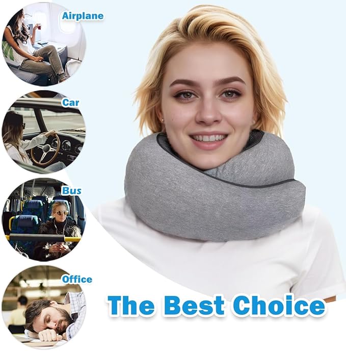 Travel Neck Pillow for Airplane, Adults Memory Foam Travel Neck Pillow, Ergonomic 360° Neck Support for Airplane Car Home Office Sleep, Small Packable Compact Portable Adults Turtle Pillow (Grey)