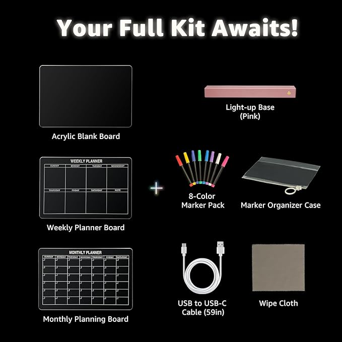 LED Note Board with 8 Colors，Acrylic Dry Erase Board with Light, Clear Monthly/Weekly Calendar, Led Drawing Board for Kids with Stand, 8 Markers, Adapter, Soft Cloth, Holiday Trend Gift (Pink)