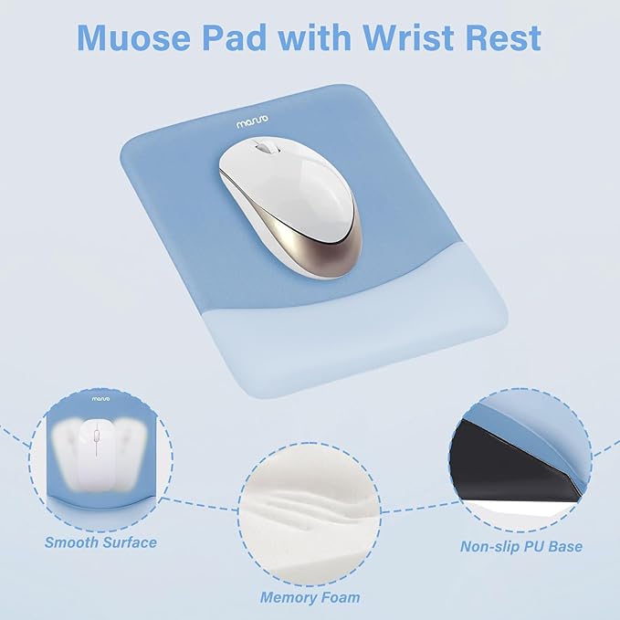 MOSISO Wrist Rest Support for Mouse Pad&Keyboard Set, Rectangular Ergonomic Mousepad Non-Slip Base Home/Office Pain Relief&Easy Typing Pad with Neoprene Cloth&Raised Curved Memory Foam, Stone Blue