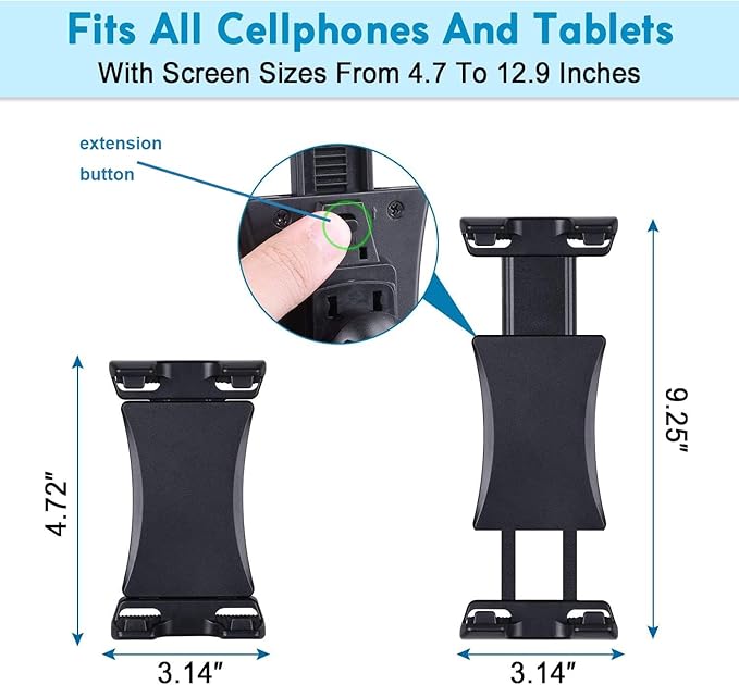 Spin Bike Tablet Holder, 360° Rotation iPad Mount Holder for Exercise Bike, Indoor Treadmill, Stationary Bicycle, Tablet Stand Clamp for iPad Mini/Air/Pro and All 4.7-12.9" Devices & Smartphones