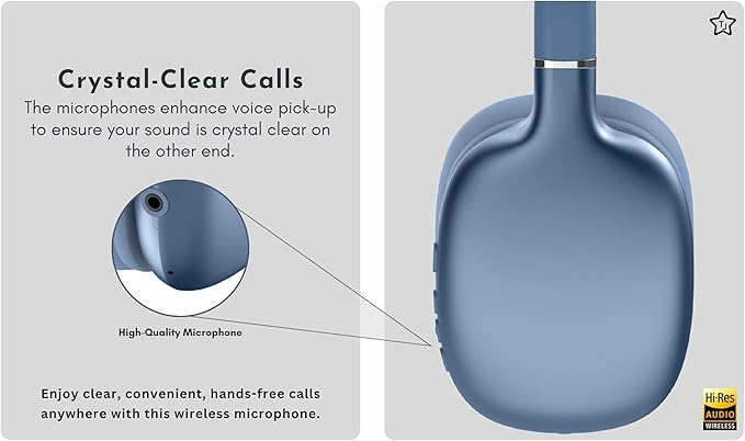 TJ Active Noise Cancelling Bluetooth Over Ear Headphones | Supersoft Leather Wireless Headset Wired Built-in MIC 24H Playtime High Res Audio Travel/Work/School/Students/Running/Gym (Blue)