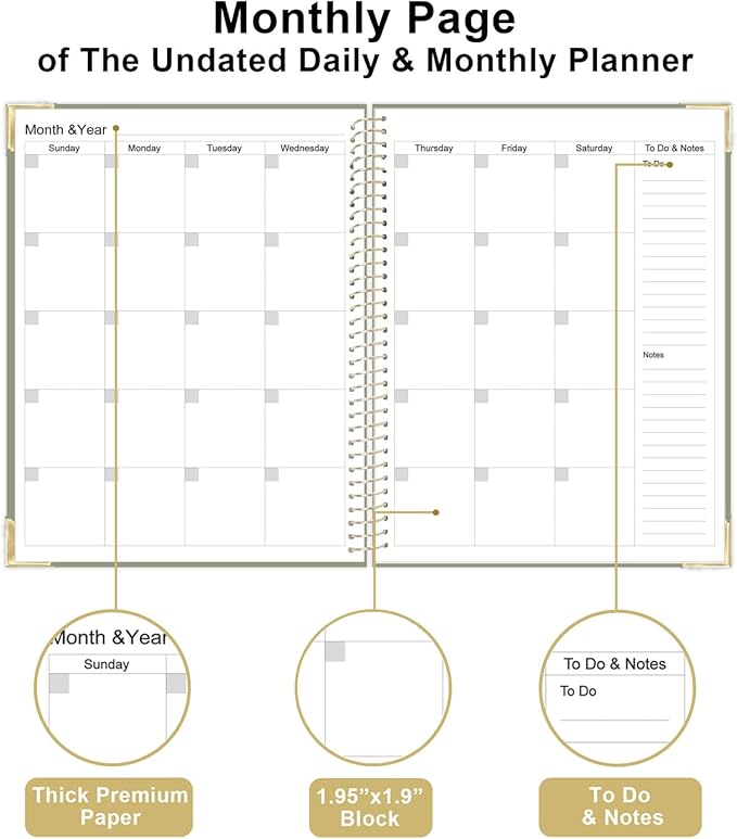 Undated Daily Monthly Planner for 2025 2026 - A4 To Do List with Hourly Schedule, Hardcover Spiral Bound Daily Planner to Increase Focus, Stylish School/Office Supplies, 8.5" x 11", Green