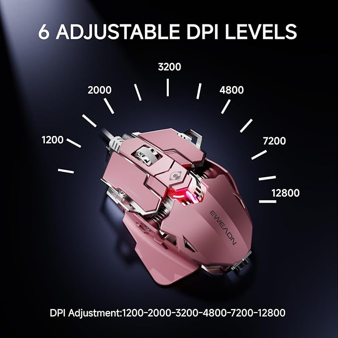 EWEADN G5 Wired Gaming Mouse, Ergonomic RGB Computer Mouse, 12800 Adjustable DPI, 9 Programmable Macro Buttons with Rapid Fire Key Compatible for PC/Laptop/Windows-Pink