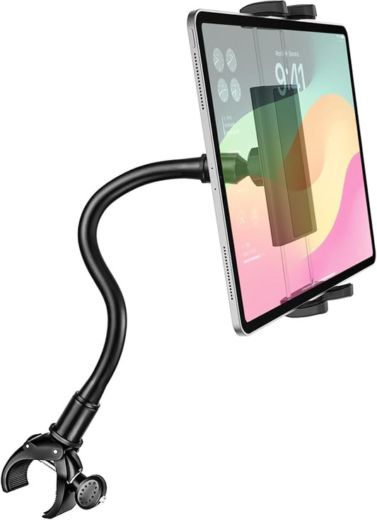 Gooseneck Indoor Cycling Tablet Mount, Spin Bike Tablet Holder for Stationary Treadmill Elliptical, 360° Rotation Handlebar Clamp for iPad Pro Mini Air, Galaxy Tab/Z Fold, iPhone,4-12.9" Device