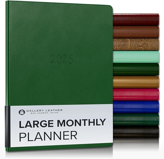 Gallery Leather Large Monthly Planner 2025-2026, Elegantly Bound Calendar Planner and Notebook with Stylish Gold-Gilded Page Edges, 18 Months - Monhegan Emerald - 9.75x7.5"