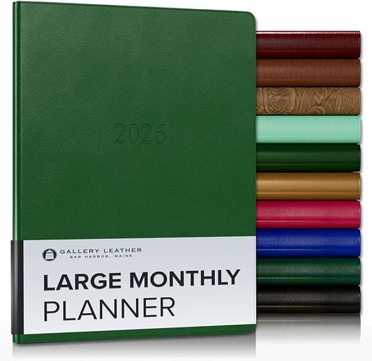 Gallery Leather Large Monthly Planner 2025-2026, Elegantly Bound Calendar Planner and Notebook with Stylish Gold-Gilded Page Edges, 18 Months - Monhegan Emerald - 9.75x7.5"