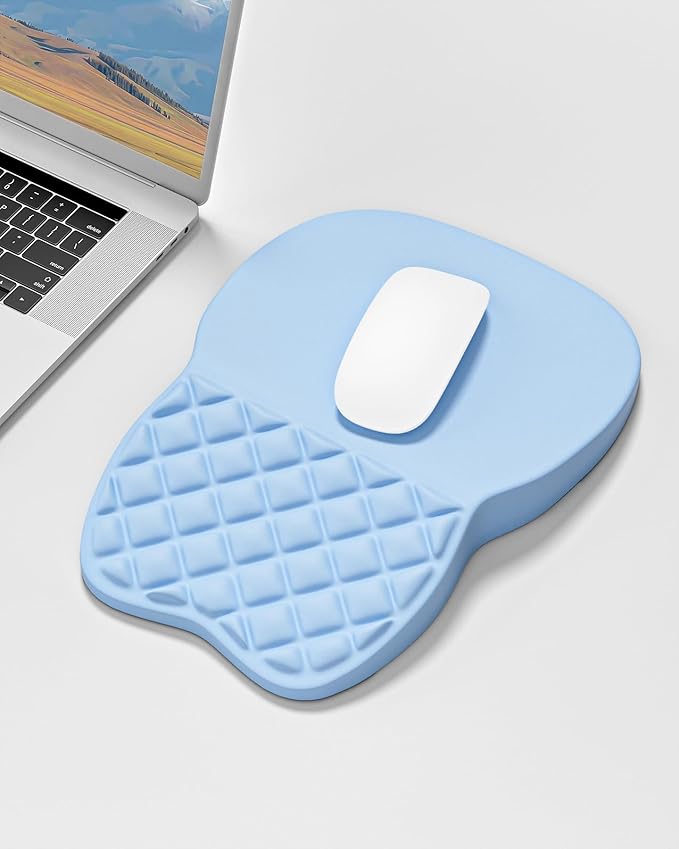 Auhoahsil Ergonomic Mouse Pad with Wrist Rest, Comfortable Slope Computer Mouse Mat with Wrist Support, Memory Foam Filling, Non-Slip Silicone Base, Pain Relief for Gaming Work, 8" x 12", Light Blue