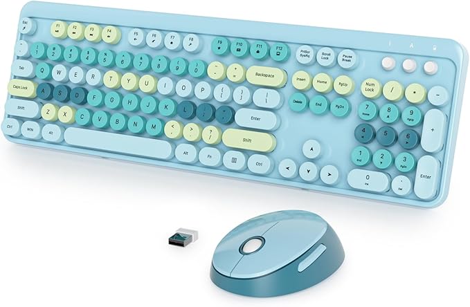 Fogruaden Blue Keyboard and Mouse Wireless, Retro Typewriter Keyboard, 2.4GHz 104 Keys Full Size Cute Keyboard with Number Pad, Blue Colorful Keyboard with Retro Round Keycaps for Windows PC Laptop