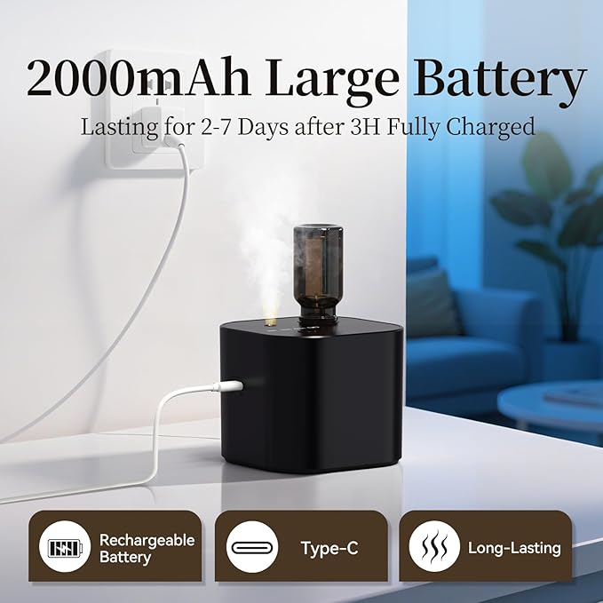 Scent Diffuser,Waterless Essential Oil Diffuser,Mini Portable Aroma Diffuser with Battery Operated,3 Mist Modes,Cycle Start,for 400 sq.ft Room,Home,Bedroom,Includes 3x10ml Essential Oils，Black
