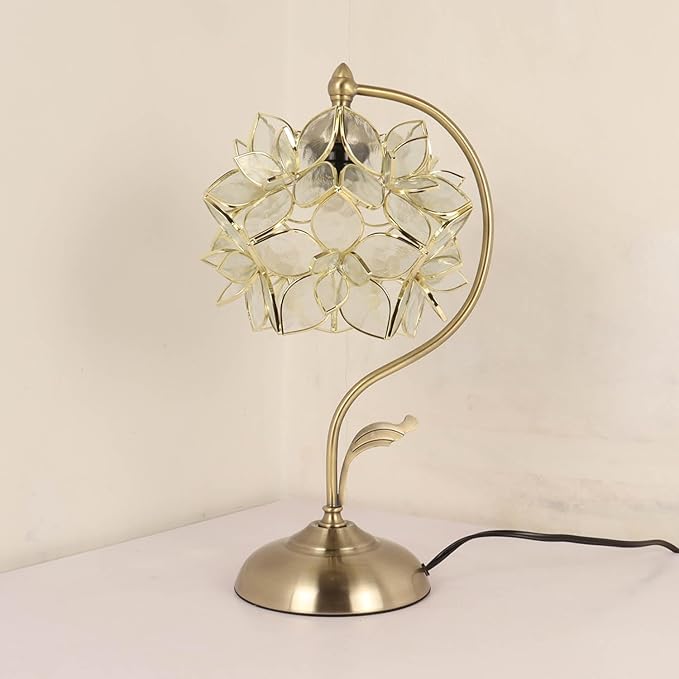 Bieye L10908 Tiffany Style Stained Glass Flower Petal Table Lamp with Brass Base for Home Décor (Clear, 8" Rose Lily)