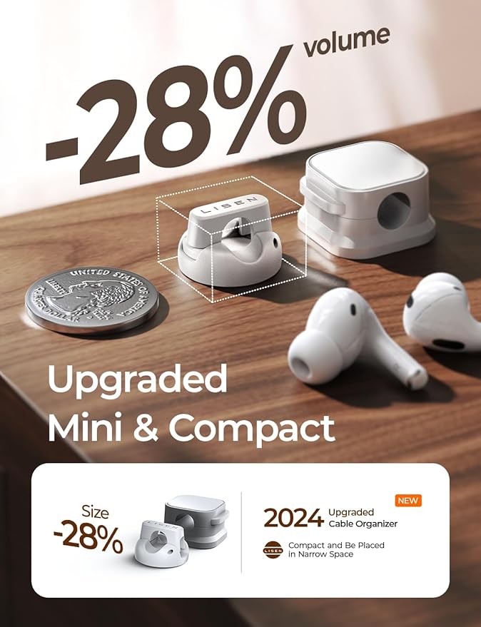 8 Pack Magnetic Cable Clips Organizer, LISEN Cord Holder for Nightstand [Smooth Adjustable] Adhesive Organizer for Cords Under Desk for Home Office Desk Car Wall Desktop Nightstand-White