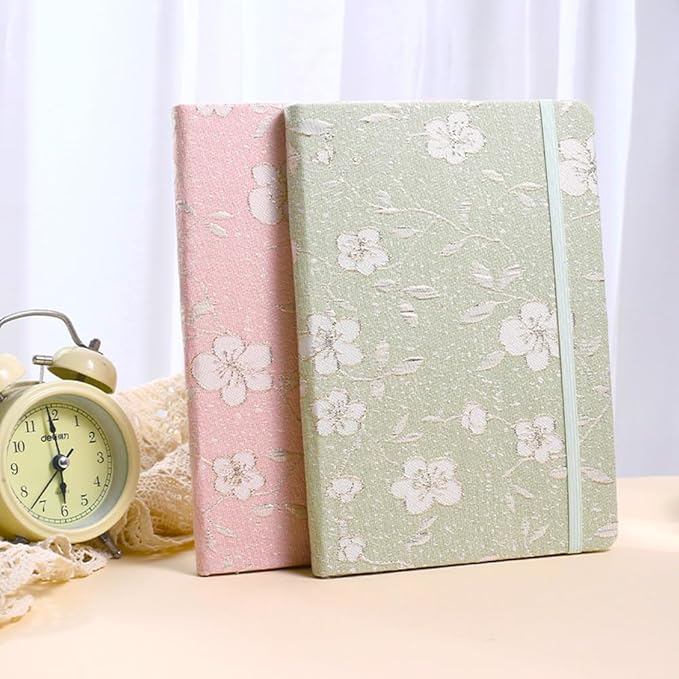 A5 Notebook, Ruled Paper, Lined Page, Hardcover, Layflat, Linen Cover, Flower Fabric, Journal for Women, Elastic Band Closure, Cute Notebooks for School, Office, Personal Writing, Green