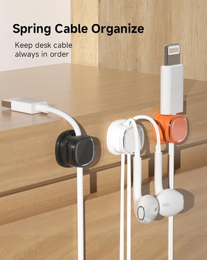 9 Pack Cord Organizer, Spring Cable Management, Adhesive Cute Cable Holder Clips, Phone Charger Wire Keeper for Desk Nightstand Car Office (9-Pack White_Orange_Black)