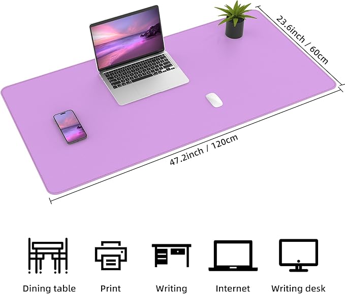 Leather Desk pad Protector- 47.2" x 23" Large Desk mat with Natural Cork & PU Leather,Mouse pad,Non-Slip Office Desk Mat,Waterproof Desk Writing Pad for Office and Home(Purple)