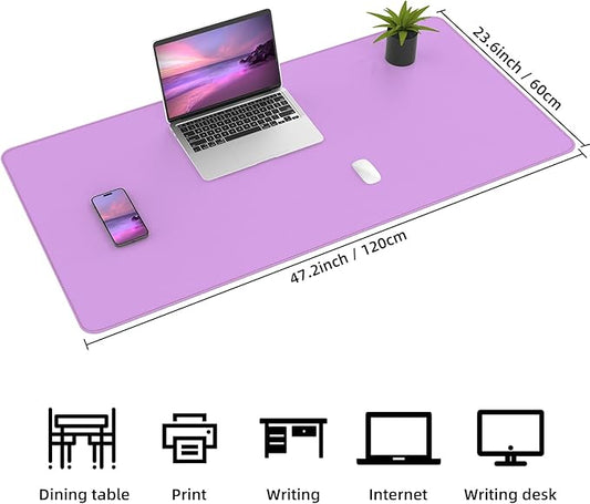 Leather Desk pad Protector- 47.2" x 23" Large Desk mat with Natural Cork & PU Leather,Mouse pad,Non-Slip Office Desk Mat,Waterproof Desk Writing Pad for Office and Home(Purple)