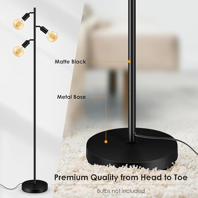 BoostArea Tree Floor Lamp, Industrial Floor Lamp, Modern Standing Lamp with Adjustable 3 Light, E26 Socket, Foot Switch, Minimalist Metal Stand Up Lamp Pole Lamps for Living Room, Bedroom(No Bulbs)