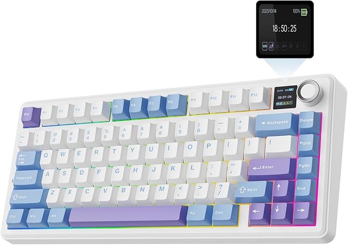 EPOMAKER X Aula F75 MAX Wireless Mechanical Keyboard with TFT Screen and Knob, Gasket Gaming Keyboard in 75% Layout, Hot Swappable, RGB Backlight, for PC/Mac/Linux (Blue&White&Purple)