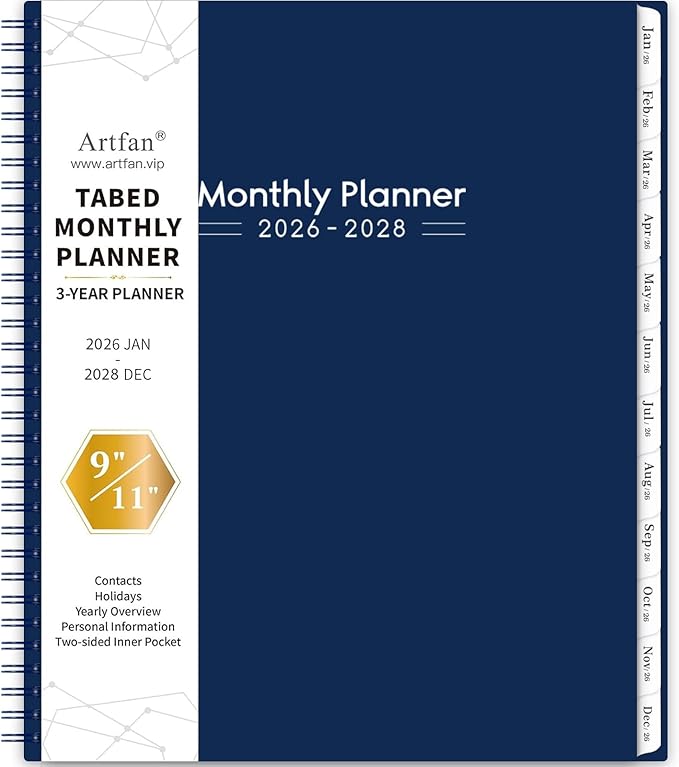 2026-2028 Monthly Planner - 3 Year Monthly Planner 2026-2028, Jan 2026 - Dec 2028, 9" x 11", 36-Month Calendar with Tabs - Navy Blue