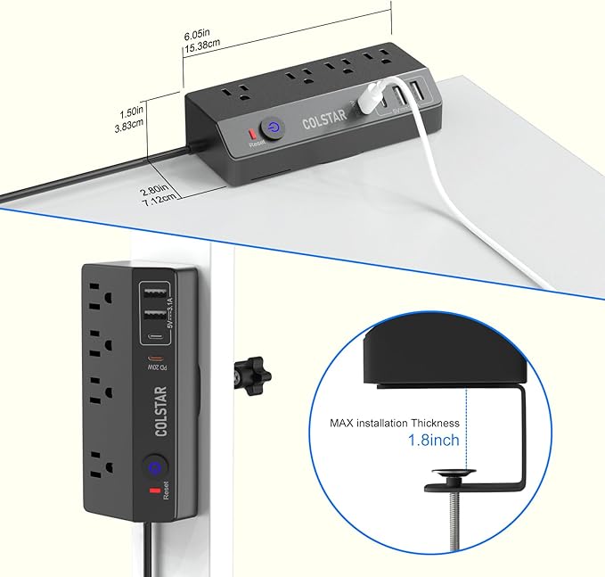 Desk Clamp Power Strip with PD 20W Fast Charging, Flat Plug Extension Cord 10 FT, Desk Mount Power Strip Surge Protector with 4 AC Outlet 4 USB Ports, Fit 1.8" Tabletop Edge (Black)