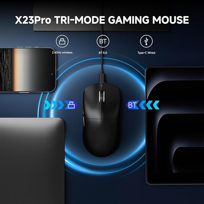X23Pro Wireless Gaming Mouse, 2.4G/BT5.0/USB-C Esports Gaming Mouse, 800mAh Rechargeable Lightweight Mouse Gaming, 12000 DPI Wireless Mouse with 6 Programmable Buttons,for Laptop/PC/Mac, Black