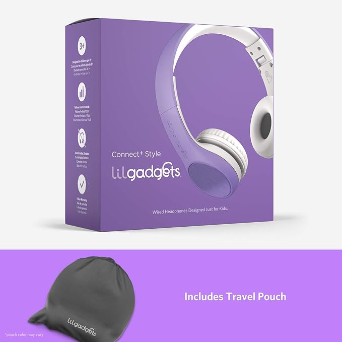 LilGadgets Connect+ Style On-Ear Kids Headphones with Microphone - SharePort Technology, SoftTouch Padding, Detachable Cable, Noise Reduction, Durable & Adjustable - Purple Wired Headphones for Kids
