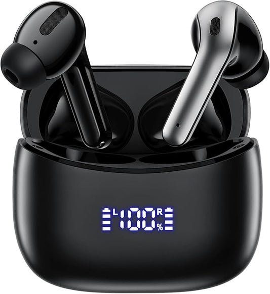 Wireless Earbuds, Bluetooth Ear Buds Headphones, 60H Long Playtime, Stereo Deep Bass, LED Power Display, IPX7 Sport Waterproof, Lightweight in-Ear Earphones with Mic for iPhone Android PC TV Computer
