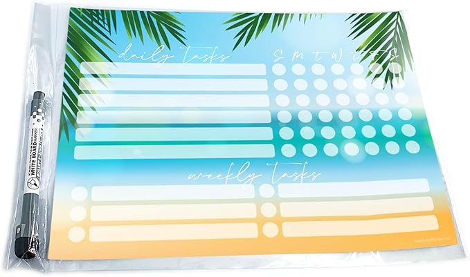 Dry Erase Whiteboard Task Planner | Removable and Restickable Adhesive Decal | Fine-Tip Magnetic Marker Included (9 x 12 inches, Beach)