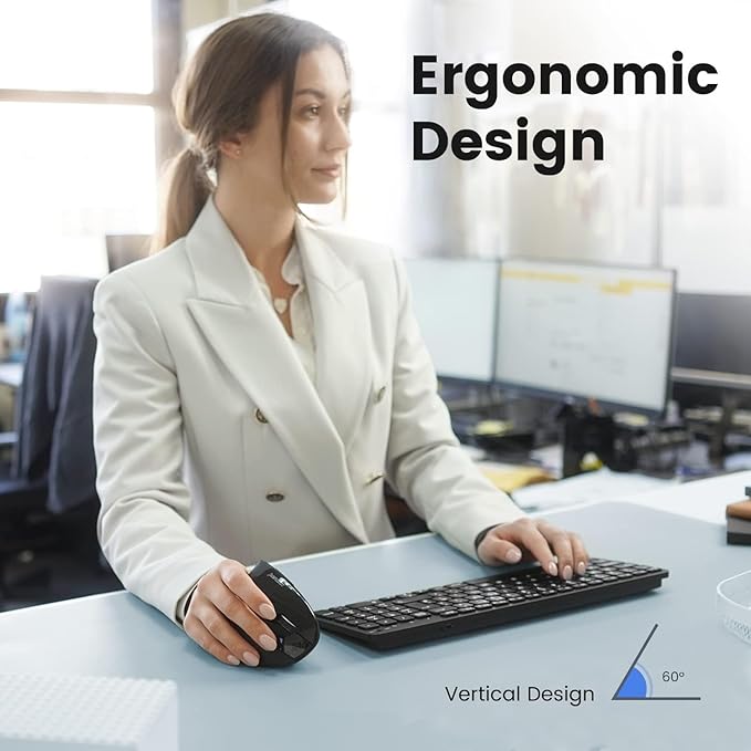 Perixx PERIMICE-813B Bluetooth Vertical Mouse - Wireless 3-in-1 Multi-Device Technology - Travelling Carry Bag - Black - Right Handed