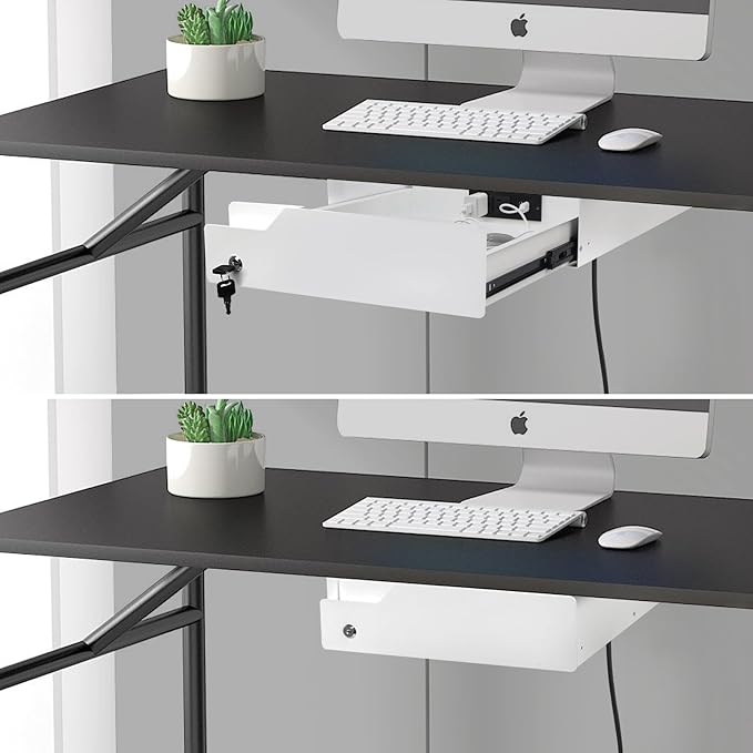 Lumil Under Desk Mounted Drawer Lockable with 3 Prong Extension Cord 10 FT with Multiple Outlets and Foldable Cable Management Arm for Office Desk 15.7" (W) x 15.7" (D) x 4.4" (H), White
