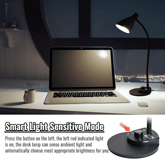 LED Desk Lamp, Desk Light with USB Charger, 3 Color Temperature and 20 Brightness Levels, Eye-Caring Metal Desk Light for Office and Bedroom, 10W, 1000 Lumens, Adapter Included (Black)