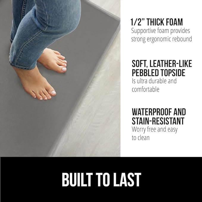 GORILLA GRIP 2 Pack Comfortable Cushioned Kitchen Mats for Floor, 17x24 + 17x48, Waterproof and Stain Resistant, 1/2 Inch Thick Soft Ergonomic Standing Desk Anti Fatigue Mat, Foam Supports Feet, Gray