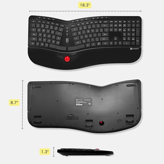 X9 Performance Ergonomic Wireless Keyboard with Trackball - Rechargeable, Backlit, Built in Mouse Buttons - 2.4G Split Keyboard Wireless for Windows PC and Chrome - All in One Typing Solution