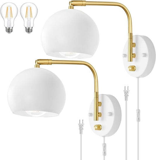 Wall Sconces Plug in, Dimmable Wall Sconce Swing Arm Wall Lights with Plug in Cord and Dimmer On/Off Knob Switch, White Globe Wall Light for Bedside Bedroom Hallway(2 Bulbs Included)