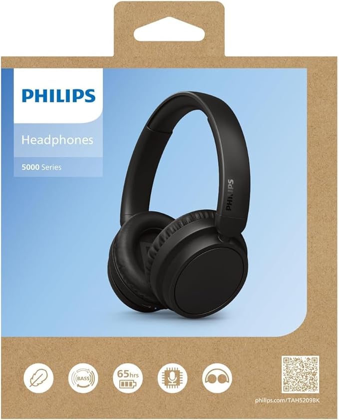 Philips H5209 Wireless Headphones,Over-Ear Bluetooth Headphones with Dynamic Bass,Clear Call, 65 H Battery Life,Fast Charging,Soft Ear Cups, Bluetooth 5.3, App Control, Lightweight,Black