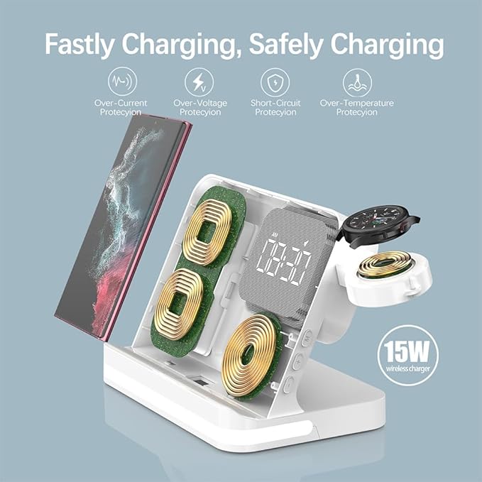 IHAO 3in1 Multi Functional Wireless Charging Station with Digital Alarm Clock 15W Fast Charge Night Light Wireless Charger for All Qi Phone and Earbud Headphone Compliant with i-Watch-B22 White