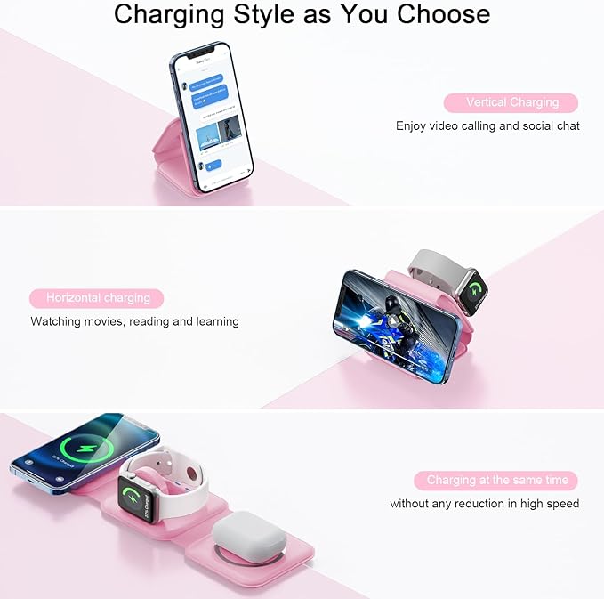 Wireless Charger 3 in 1,RTOPS Magnetic Travel Wireless Charging Station Multple Devices,GaN 3 in 1 Charging Station,Compatible for iPhone16/15/14/13/Pro/Max,iWatch,AirPods4/3/2/Pro(Adapter Includes)