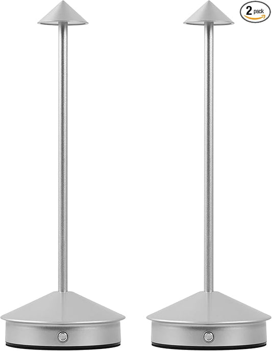 Cordless Table Lamps,LED Rechargeable Desk Lamp,Portable Modern USB Battery Operated Lights,Outdoor Waterproof Touch Dimmable,for Patio,Restaurant,Bar,Camping,Dining Home Set of 2 Silver