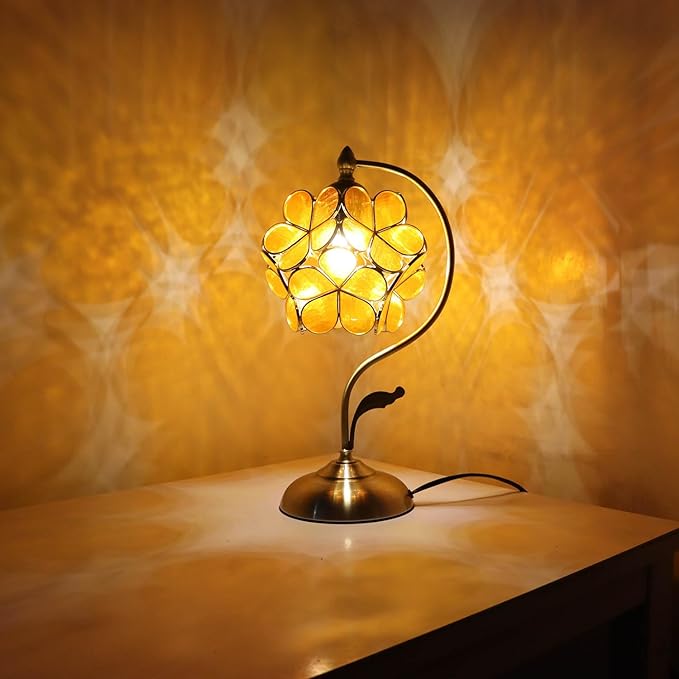 Bieye L10909 Tiffany Style Stained Glass Flower Petal Table Lamp with Brass Base for Home Décor (Orange Transparent, 8" Cherry Blossom)