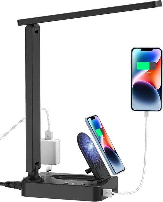Drevet LED Desk Lamp with Wireless Charger, Desk Table Light with USB Charging Port and 2 Outlets, 3 Lighting Modes, 3 Level Brightness, 1H Timer, Touch Control, Eye-Caring Home Office Foldable Lamp