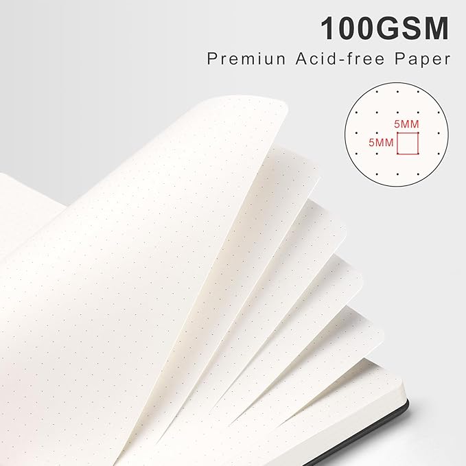 AHGXG Bullet Dotted Journal Spiral Notebook 8.5" x 11", Large A4 Leather Hardcover Dotted Notebook, 100 GSM Thick Dot Grid Paper, Inner Pocket, for Bullet Journaling, Black