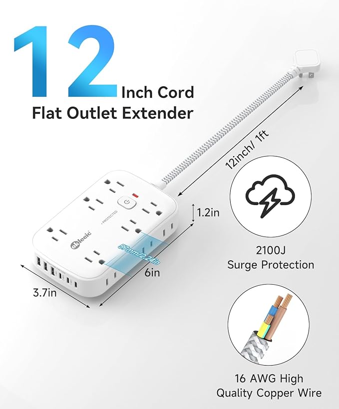 Flat Outlet Extender with 12 Inch Cord, Surge Protector Flat Plug Extension Outlet Splitter Adapter, 12 AC 6 USB(3 USB C) with Electrical 3 Way Multi Wall Plug Extender for Travel Dorm Room Essentials