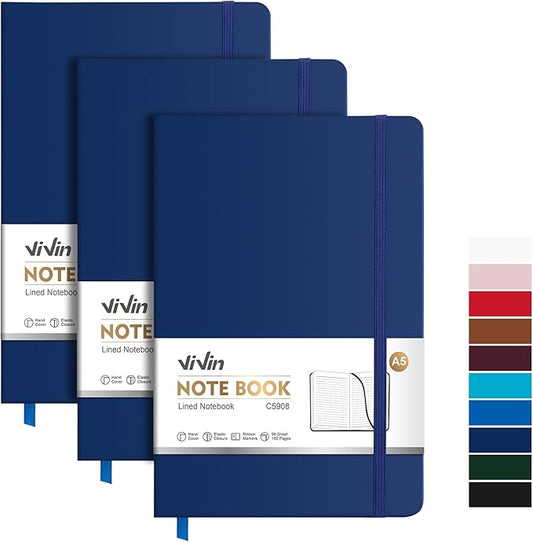 ViVin Lined Journal Notebooks, 3 Pack, (Navy), 192 Pages, Medium 5.5 x 8.3 inch, College Ruled, A5 Hardcover Notebooks, Journaling Notebooks for Writing, Business, School