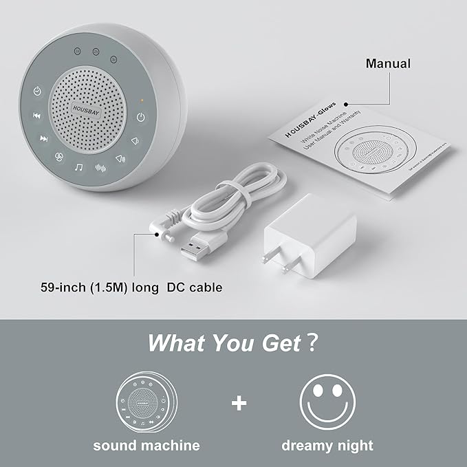 Housbay Glows White Noise Sound Machine, 31 Soothing Sounds, 5W Loud Stereo Sound, Sleep Timer, Small Travel Sleep Machine & Noise Canceling for Sleeping, Relaxation-Gray
