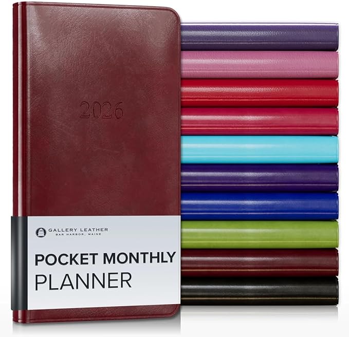 Gallery Leather Pocket Monthly Planner 2025-2026, Elegantly Bound Calendar Planner and Notebook with Stylish Gold-Gilded Page Edges, 18 Months - Acadia Deep Red - 6x3.25"